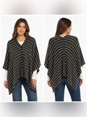 IC by Connie K Women’s Striped Knit Poncho Sweater Wrap Boho Wool Blend M
